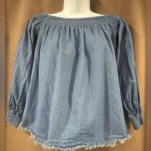 Chambray Off the Shoulder Long Sleeve with Raw Hem